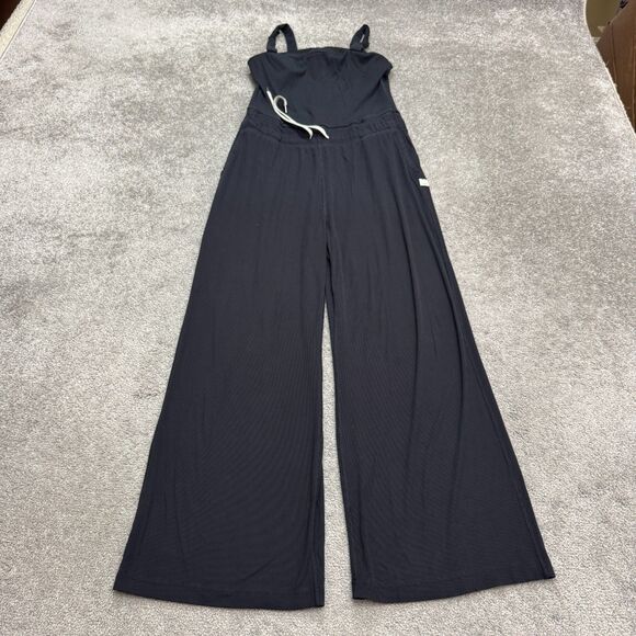 Vuori Ribbed Knit Wide Leg Jumpsuit Womens Large Navy Blue Elastic Drawstring - Picture 2 of 16